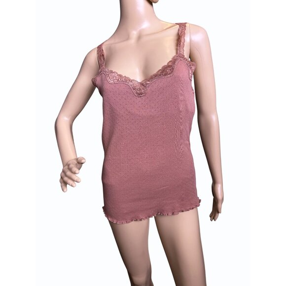 Moda International Pink Lace-Trimmed Camisole Top Medium 100% Cotton Coquette - Picture 1 of 15